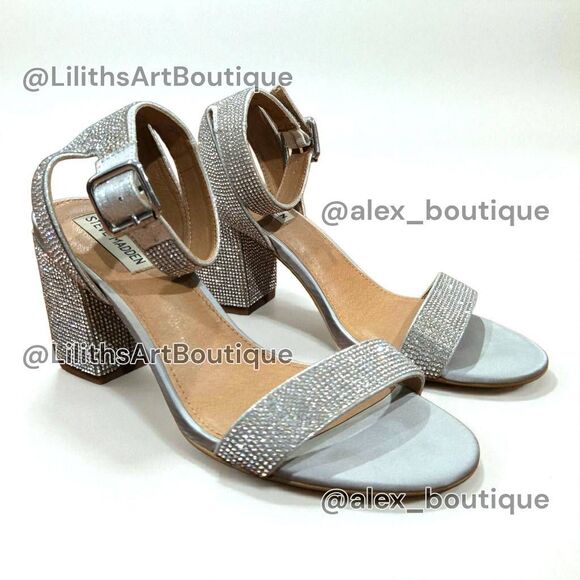 Steve Madden Malia Silver Rhinestone Strappy Chunky Block Heel Sandals(F038) - Picture 3 of 12